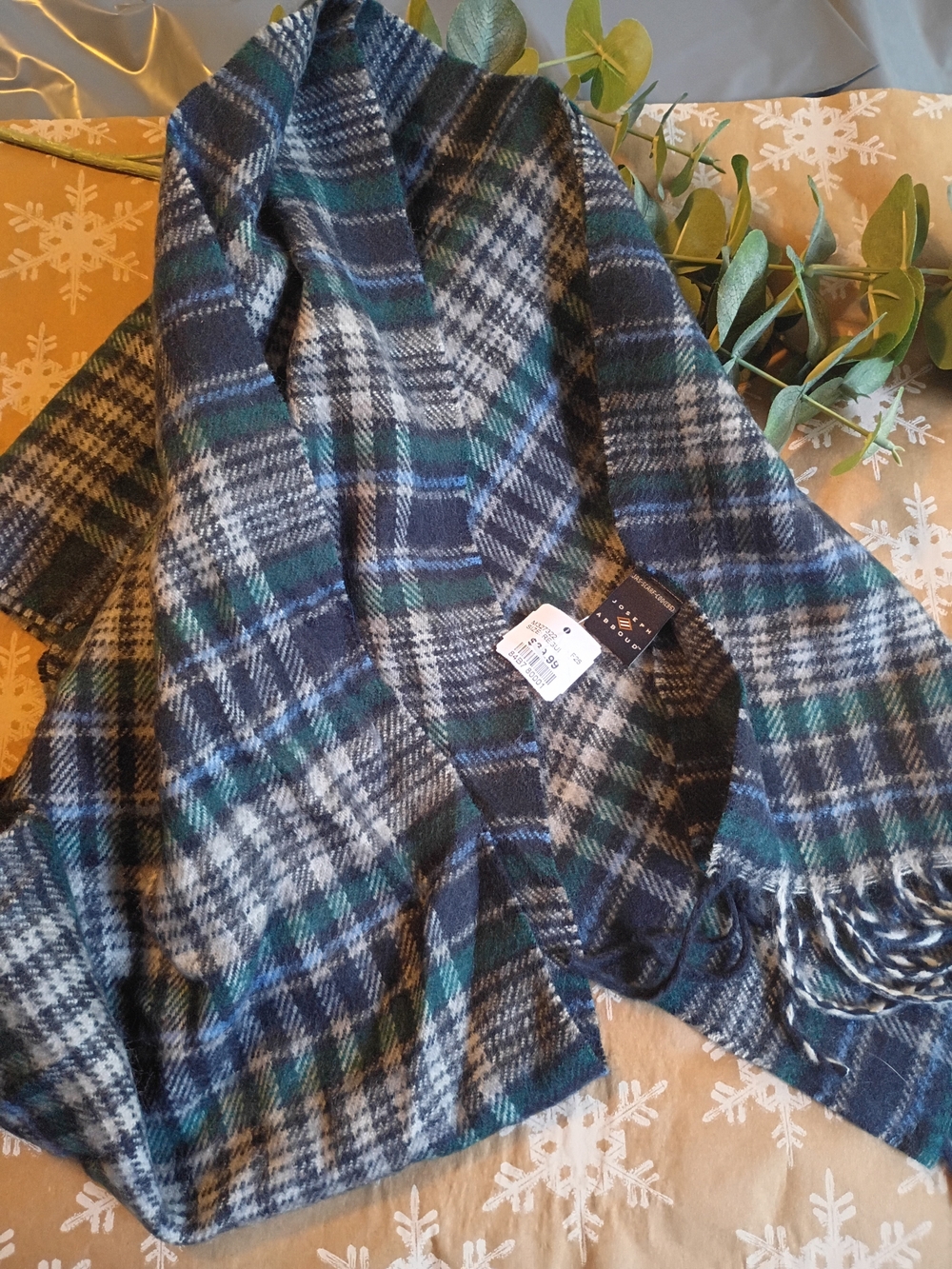 NWT Joseph Abboud Navy, Green & Gray Plaid Fringe Scarf